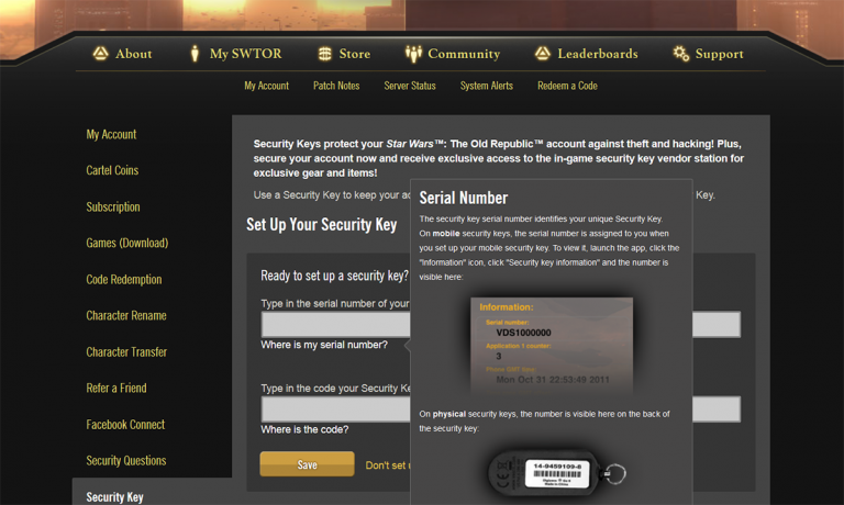 swtor security key serial number mobile